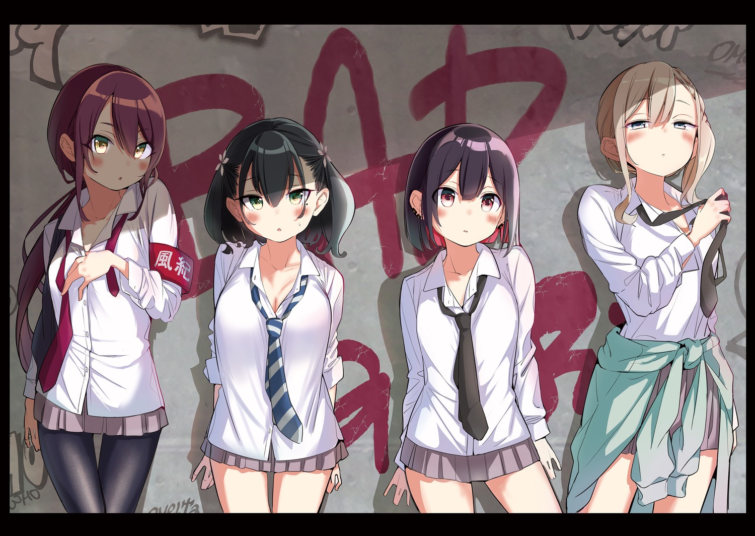 bad_girl_(nikumaru) cleavage mizutori_atori nikumaru open_shirt pantyhose seifuku suzukaze_suzu sweater yuutani_yuu