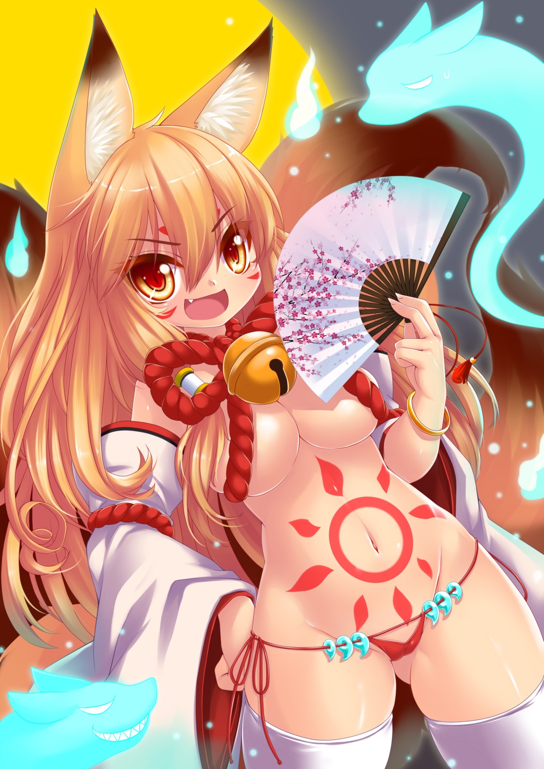 animal_ears cameltoe kitsune no_bra ookami_ryuu open_shirt pantsu string_panties tail tattoo thighhighs underboob