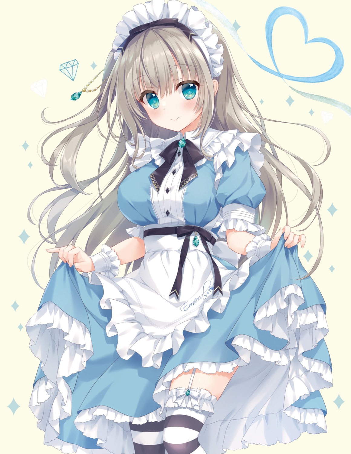 ameto_yuki detexted emerald_(ameto_yuki) garter maid skirt_lift stockings thighhighs