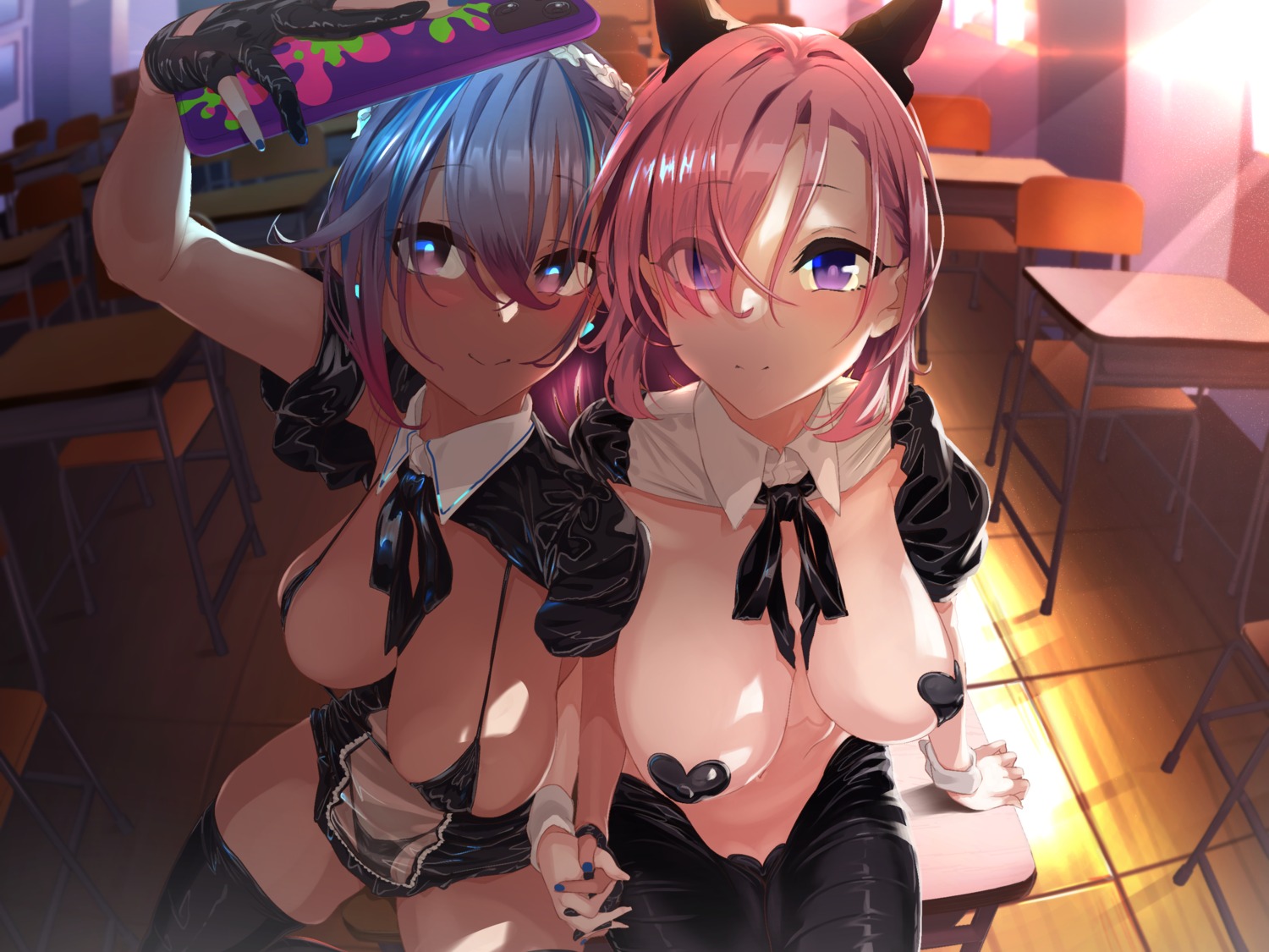 animal_ears bikini breasts maebari maid nekomimi no_bra nopan pantyhose pasties q_(ed69) see_through selfie swimsuits thighhighs yuri