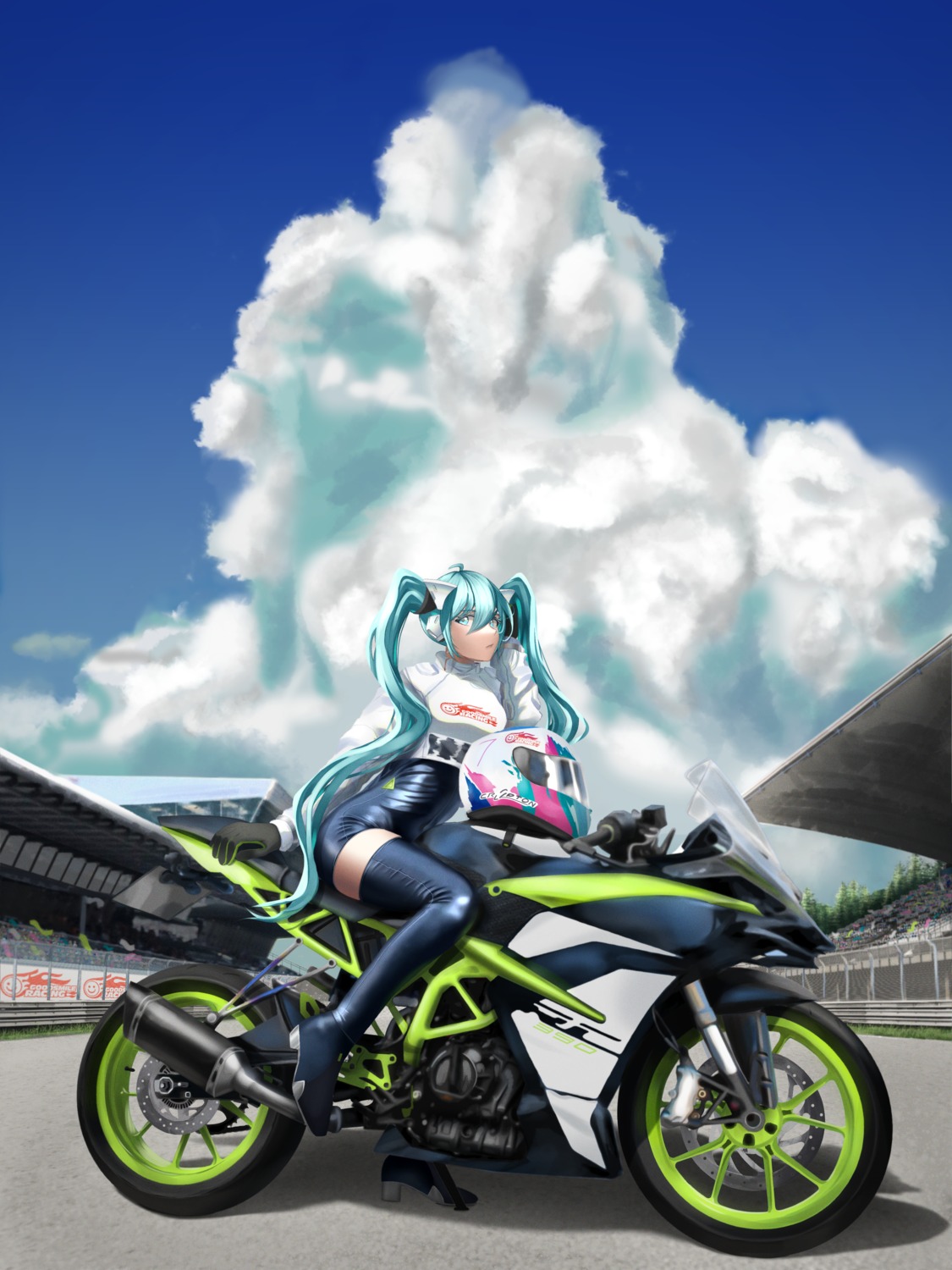 bodysuit goodsmile_racing hatsune_miku headphones heels landscape racing_miku thighhighs vocaloid