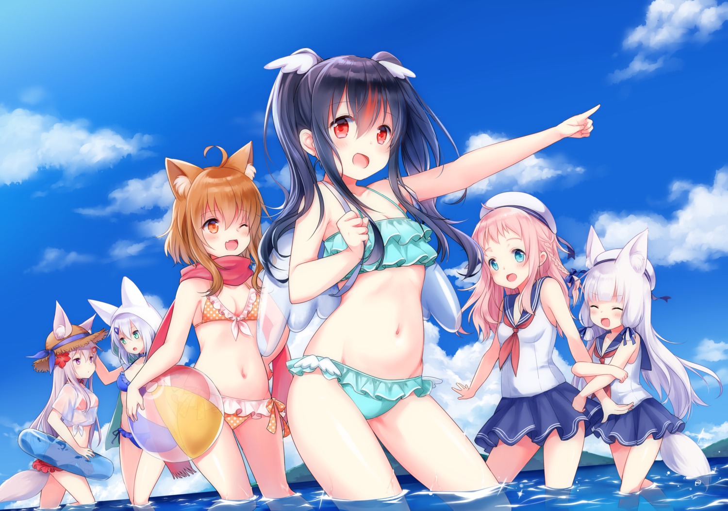 animal_ears bikini cleavage motohara_moka seifuku swimsuits tail wet wings