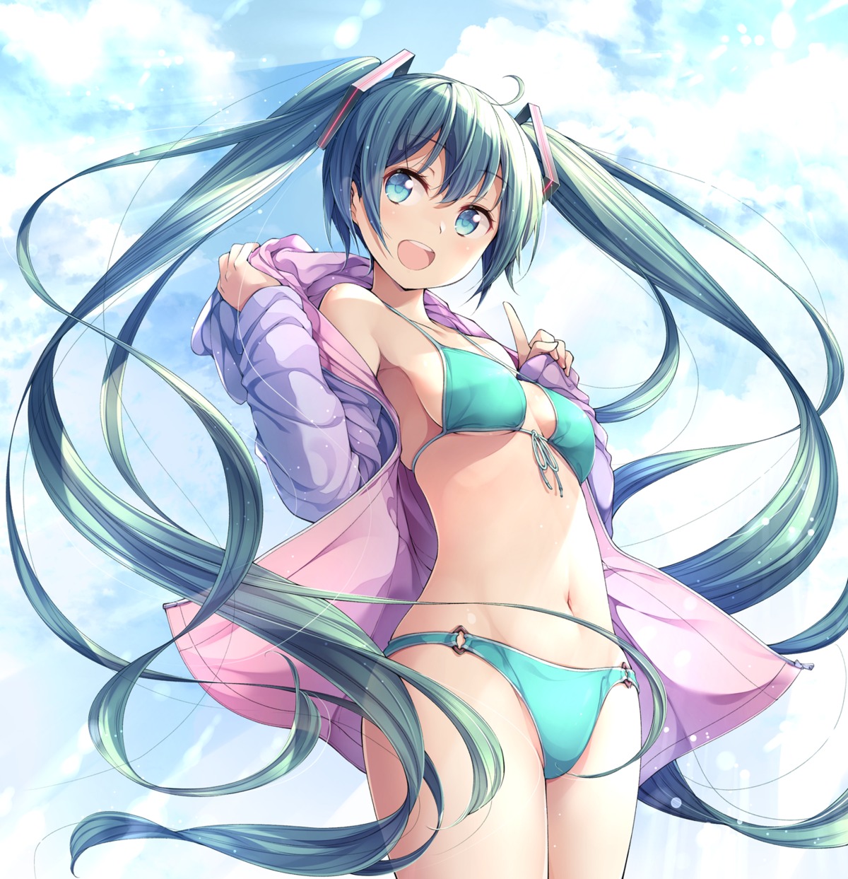 bikini cleavage hatsune_miku matsuuni open_shirt swimsuits undressing vocaloid