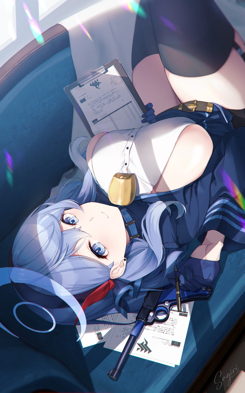 amau_ako blue_archive gun halo no_bra sagiri_(ulpha220) stockings thighhighs uniform