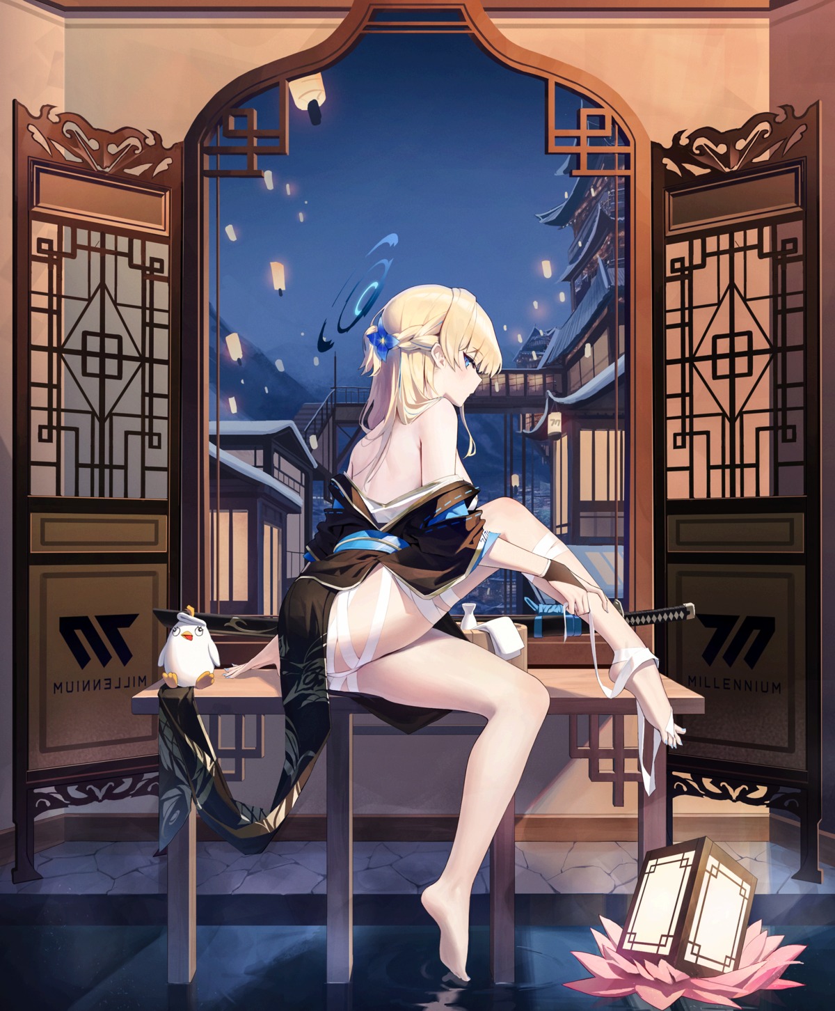 asuma_toki bandages blue_archive fogeun halo kimono no_bra open_shirt skirt_lift