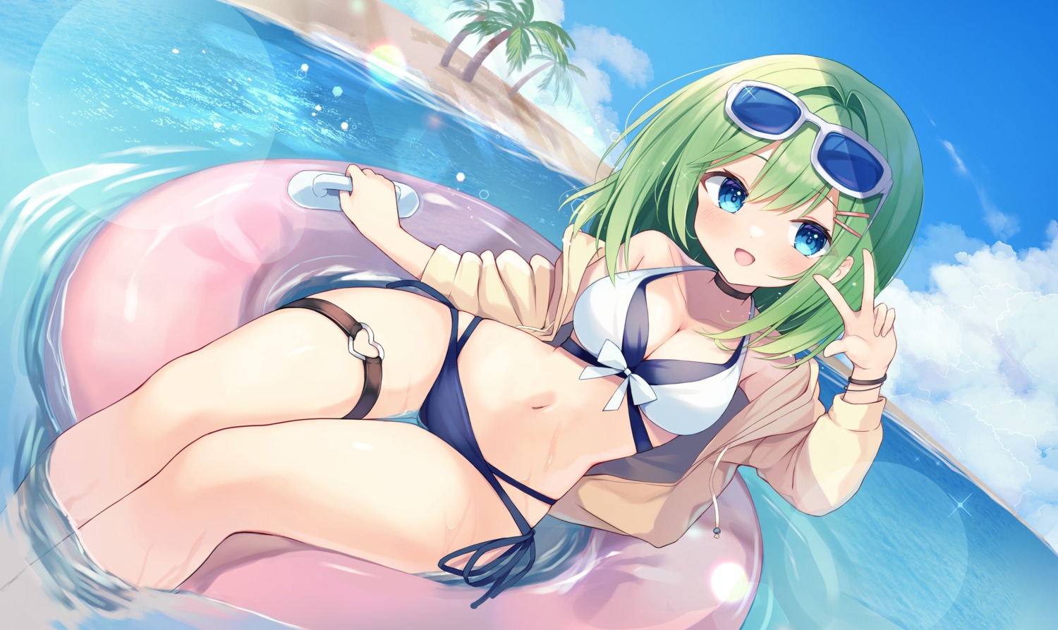 bikini garter megane open_shirt shirai_tanuki swimsuits takeda_emi wet