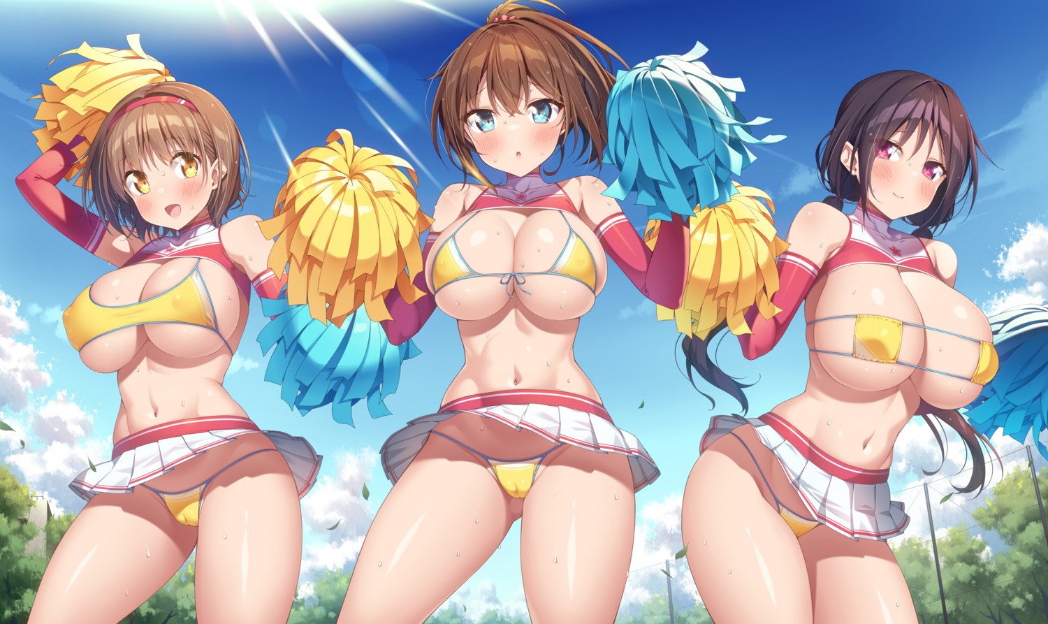 amasawa_chigusa bikini cameltoe cheerleader erect_nipples hotaka_mai kazuma_(kazumav) saotome_sakurako skirt_lift swimsuits wet