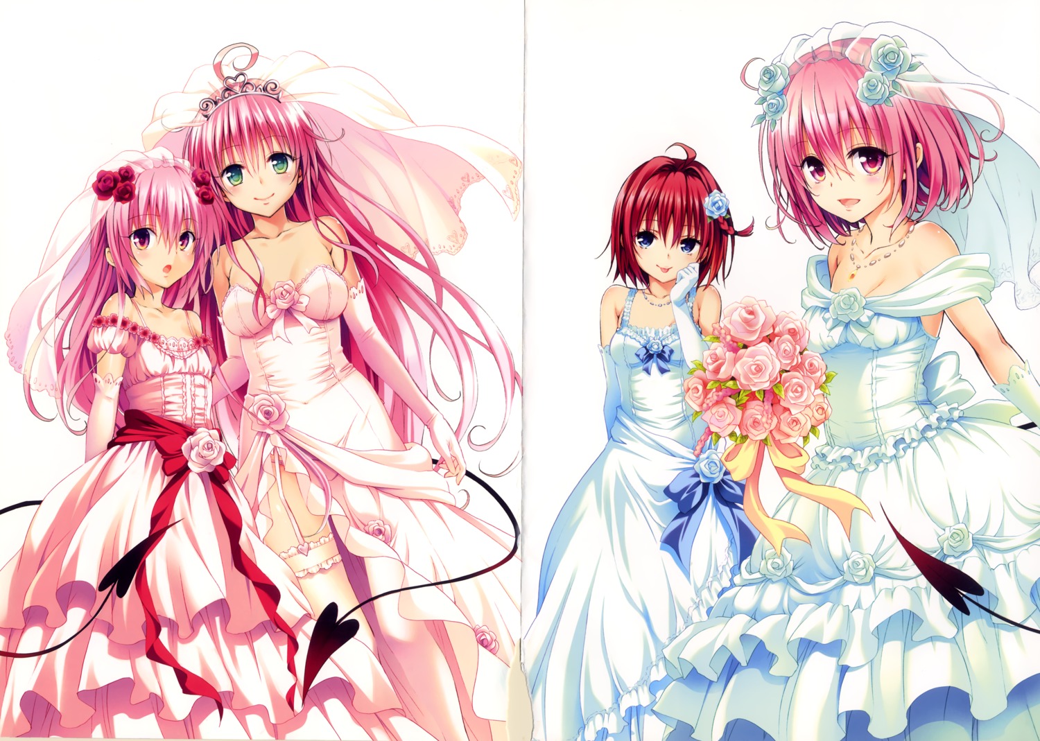 crease cropme dress kurosaki_mea lala_satalin_deviluke momo_velia_deviluke nana_asta_deviluke stockings tail thighhighs to_love_ru wedding_dress yabuki_kentarou