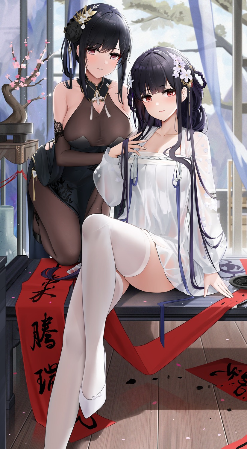 asian_clothes azur_lane chen_hai_(azur_lane) chinadress heels no_bra qing_wu see_through thighhighs yat_sen_(azur_lane)