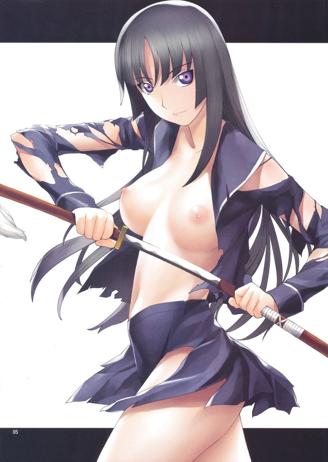 breasts ga-rei_zero isayama_yomi nipples no_bra open_shirt sword tamaki_yayoi torn_clothes