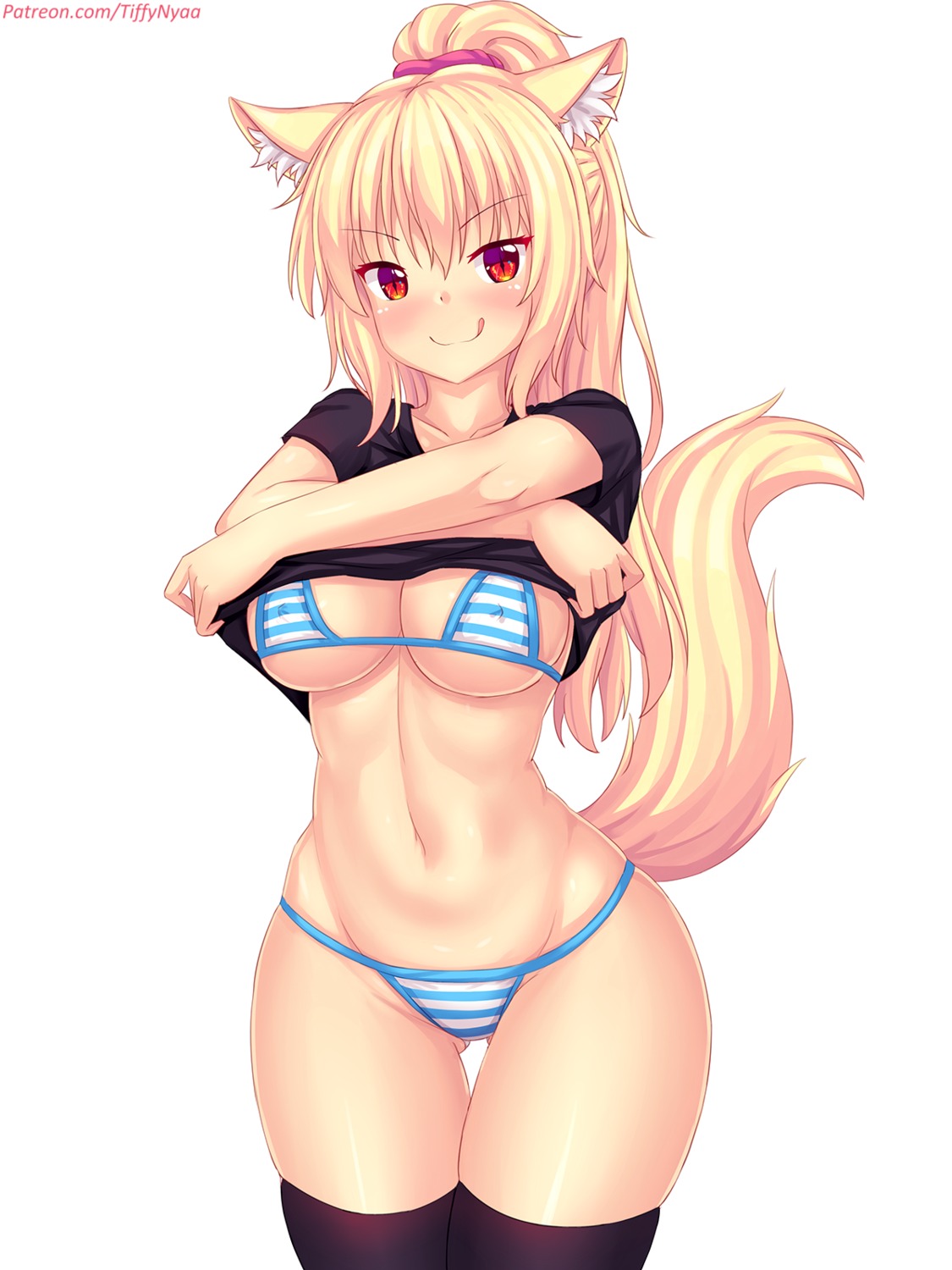 animal_ears bikini erect_nipples fast-runner-2024 shirt_lift swimsuits tail thighhighs tiffy undressing