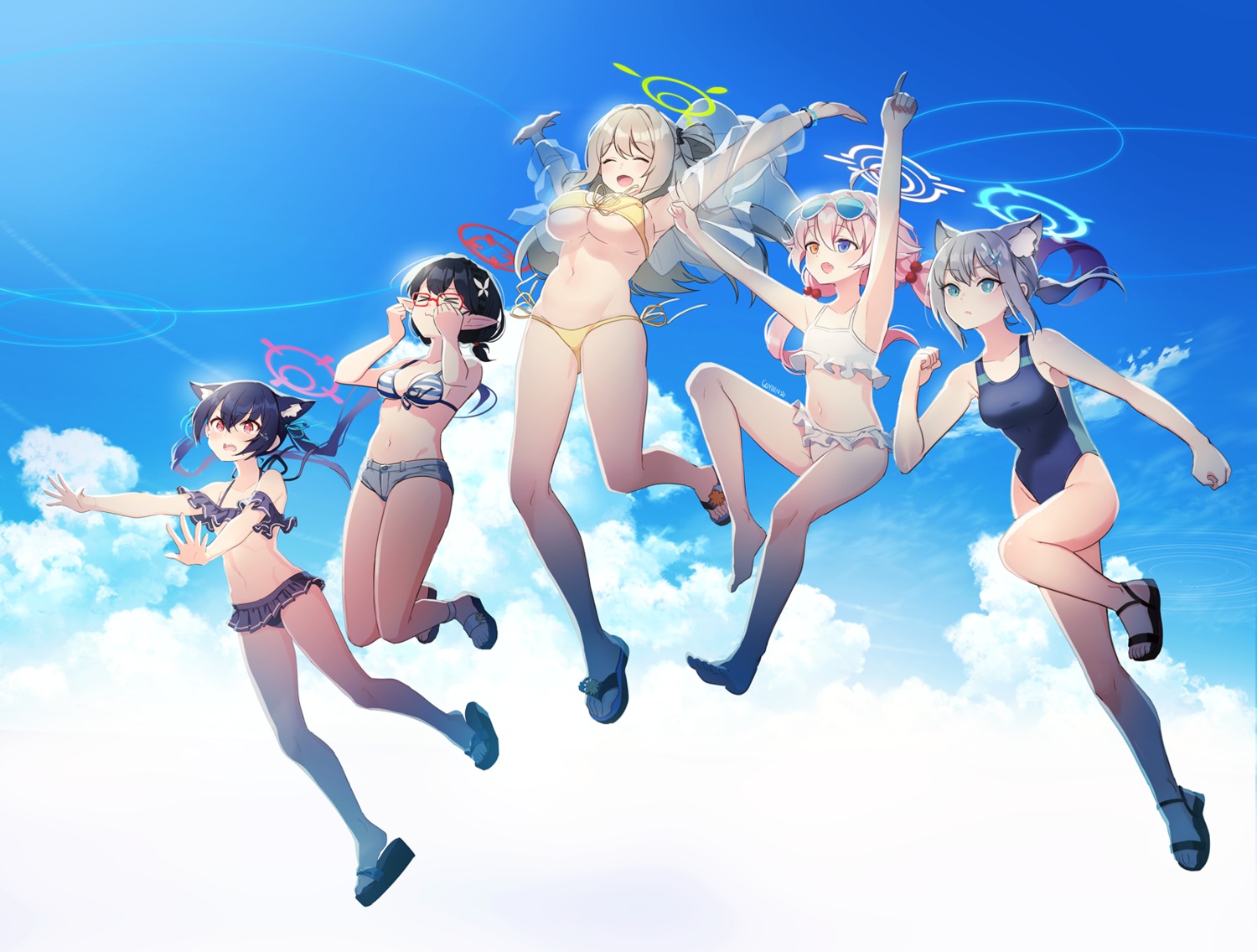 animal_ears bikini bikini_top blue_archive goyain halo heterochromia izayoi_nonomi kuromi_serika loli megane nekomimi okusora_ayane pointy_ears sunaookami_shiroko swimsuits takanashi_hoshino