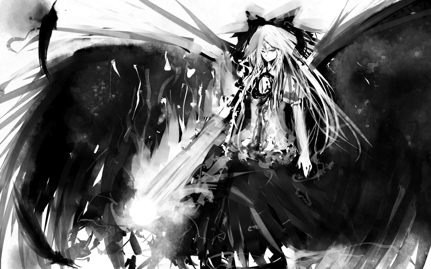 hinomaru_(artist) monochrome reiuji_utsuho sword touhou wallpaper wings