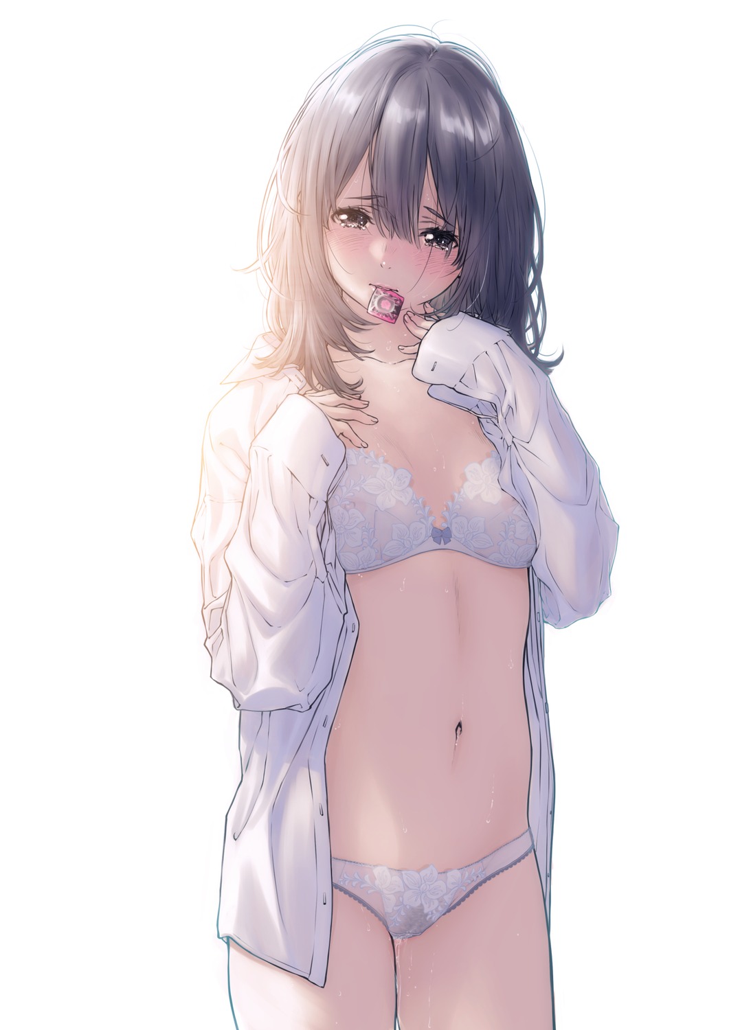 bra dress_shirt open_shirt pantsu pubic_hair pussy_juice see_through tanakomu