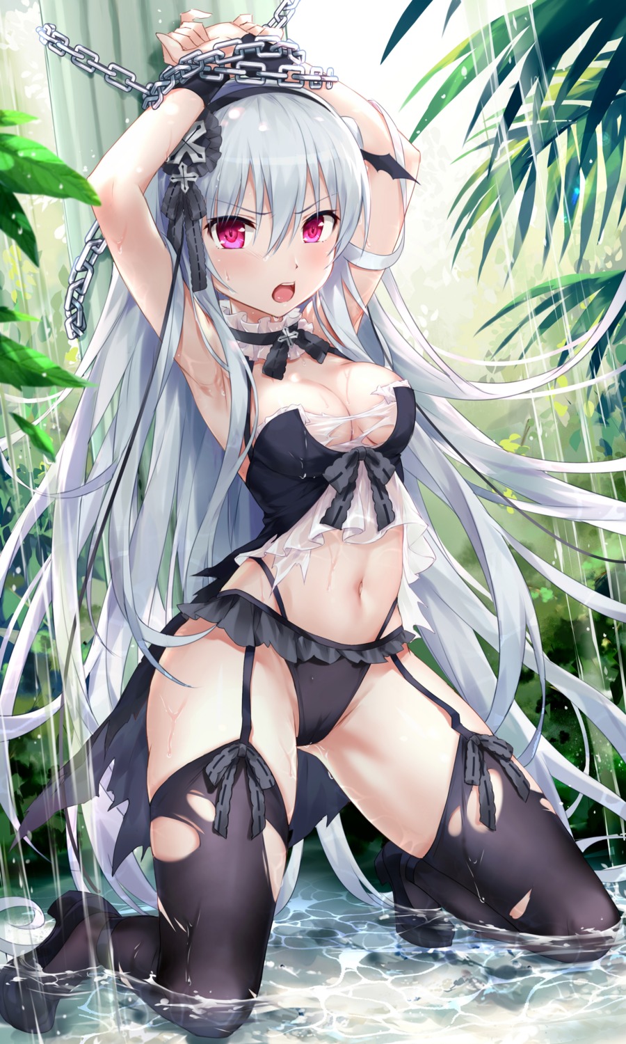 bondage cameltoe devil_heavens no_bra pantsu see_through shinigami_no_testament stockings thighhighs torn_clothes vivi_alhazerd wet