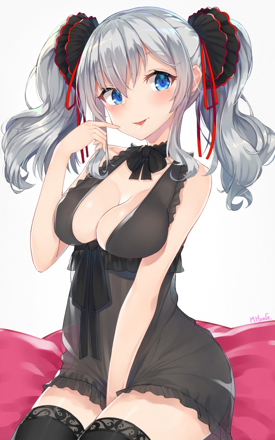 cleavage kantai_collection kashima_(kancolle) lingerie mhong nopan see_through thighhighs