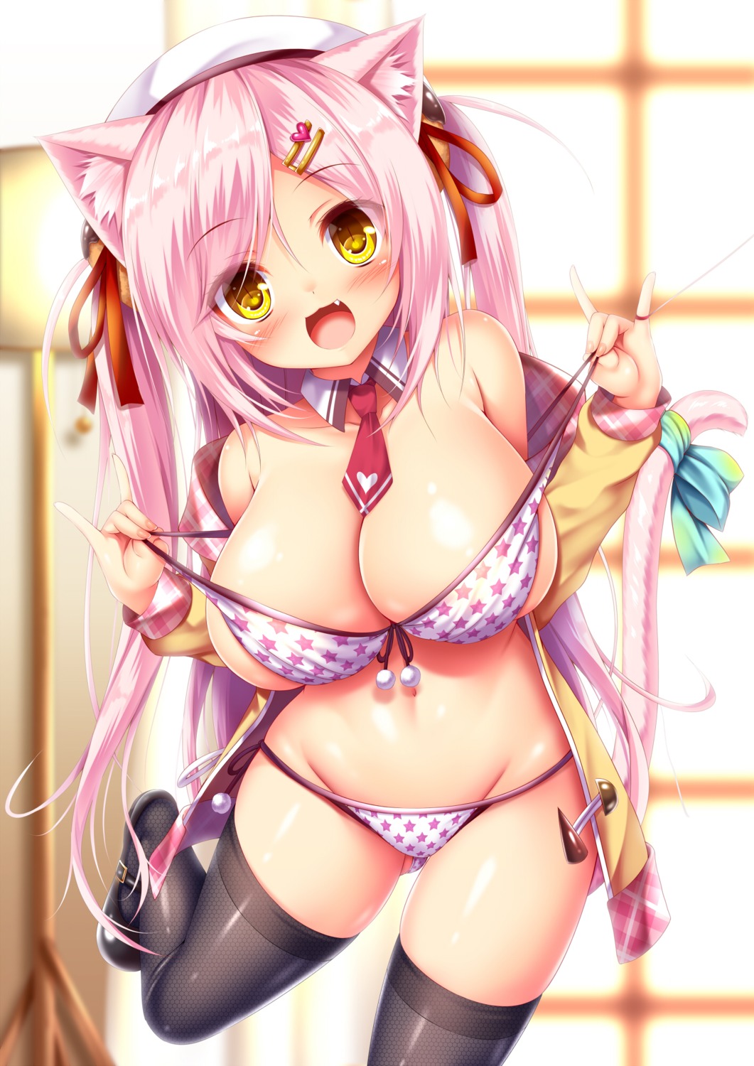 animal_ears bikini nekomimi open_shirt shia_flatpaddy swimsuits syroh tail thighhighs undressing