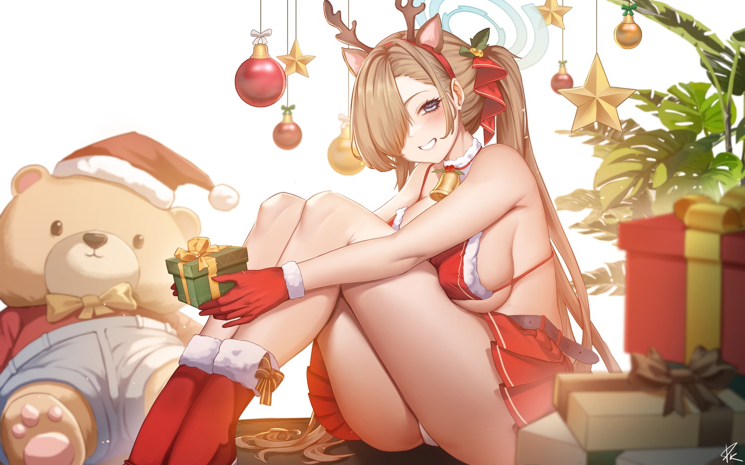 animal_ears blue_archive bra christmas dreamtokitty erect_nipples halo horns ichinose_asuna pantsu skirt_lift thong