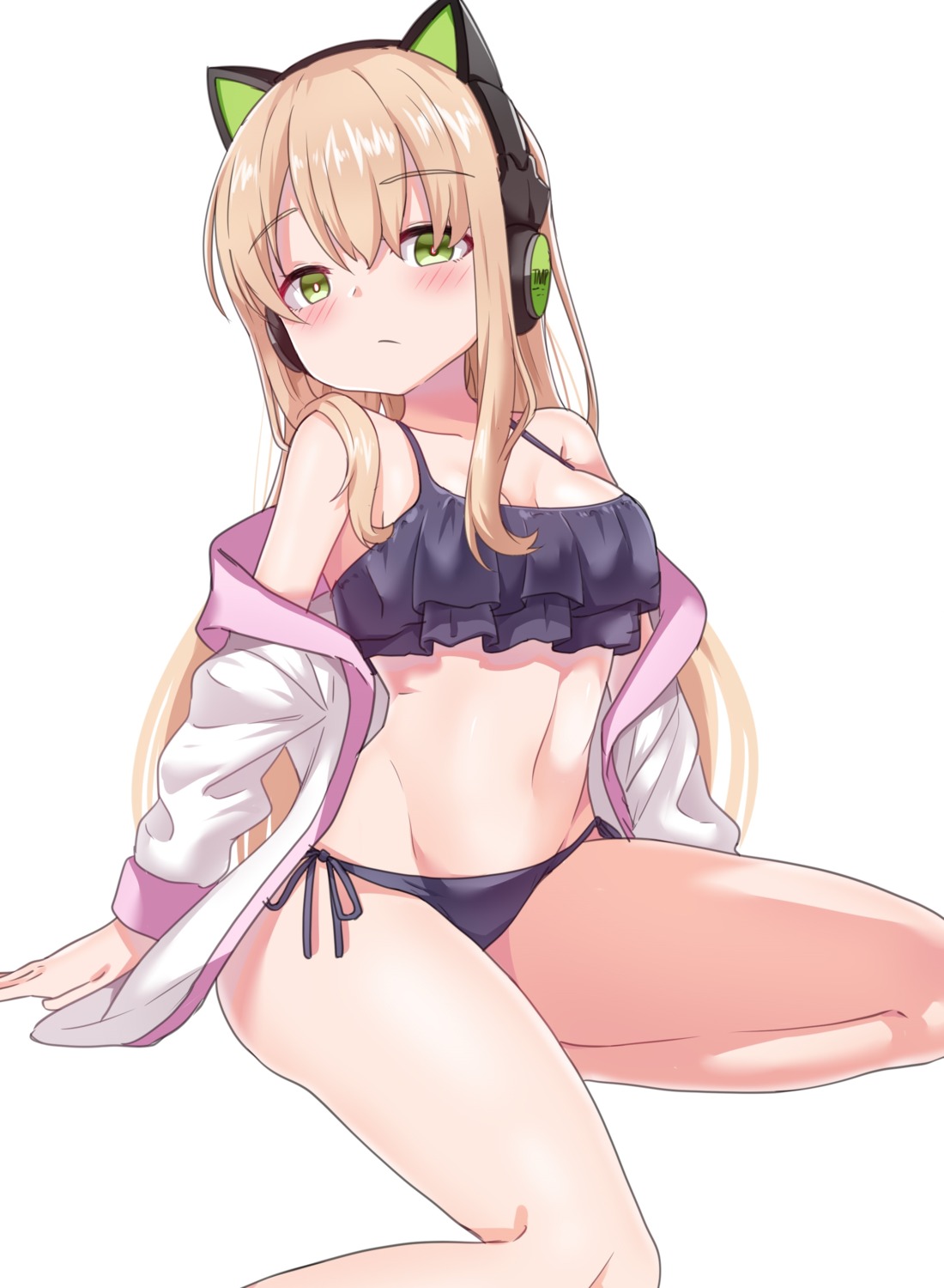 animal_ears bikini cleavage girls_frontline hayarob headphones nekomimi open_shirt swimsuits tmp_(girls_frontline)