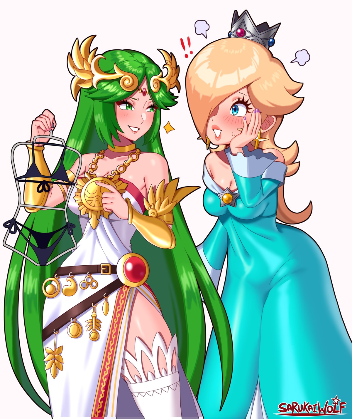 bikini cleavage crossover dress kid_icarus mario_(series) no_bra palutena rosalina sarukaiwolf swimsuits thighhighs