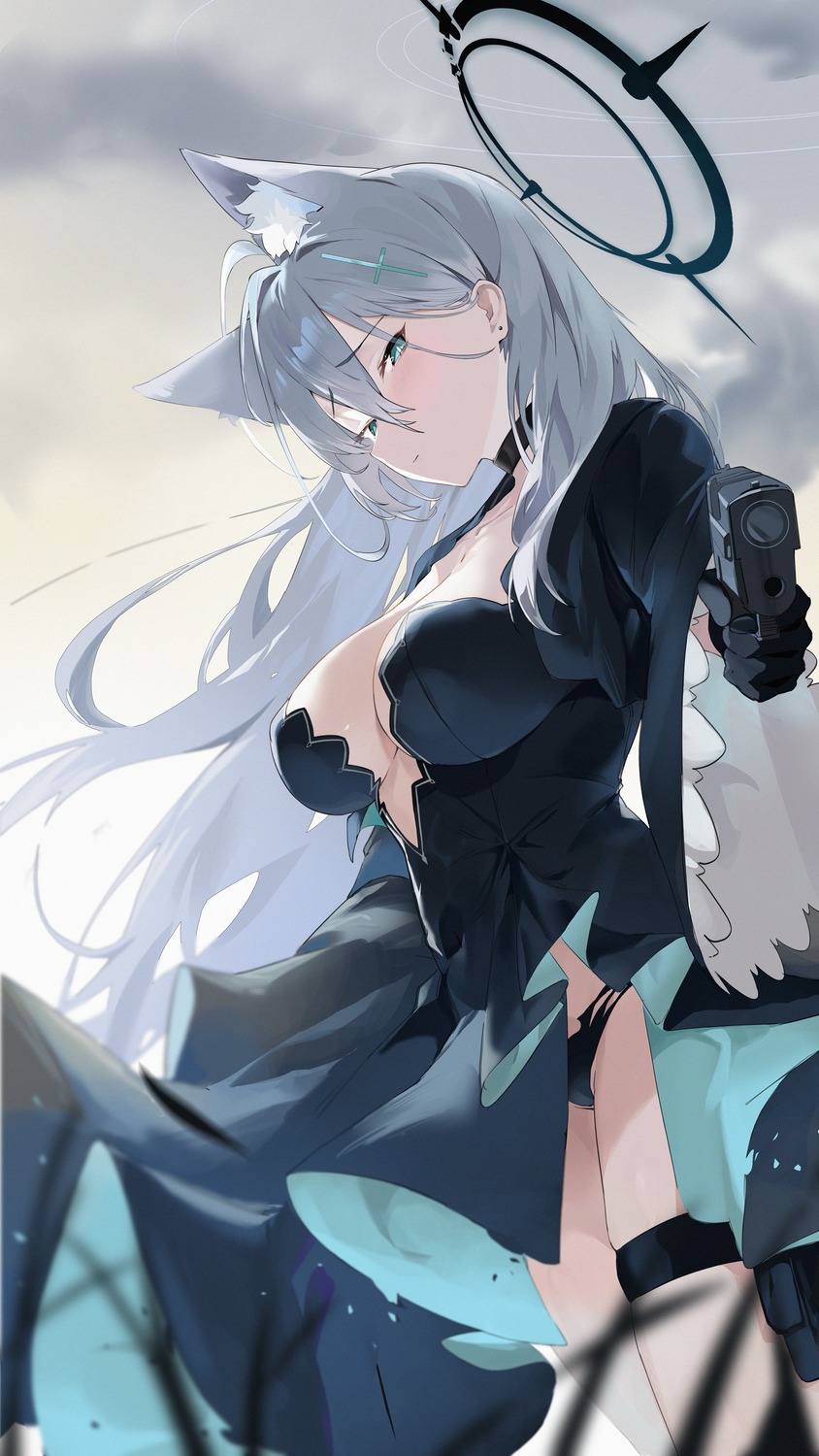 animal_ears blue_archive dress garter gun halo nekomimi no_bra pantsu sadan1317 shiroko_terror skirt_lift sunaookami_shiroko