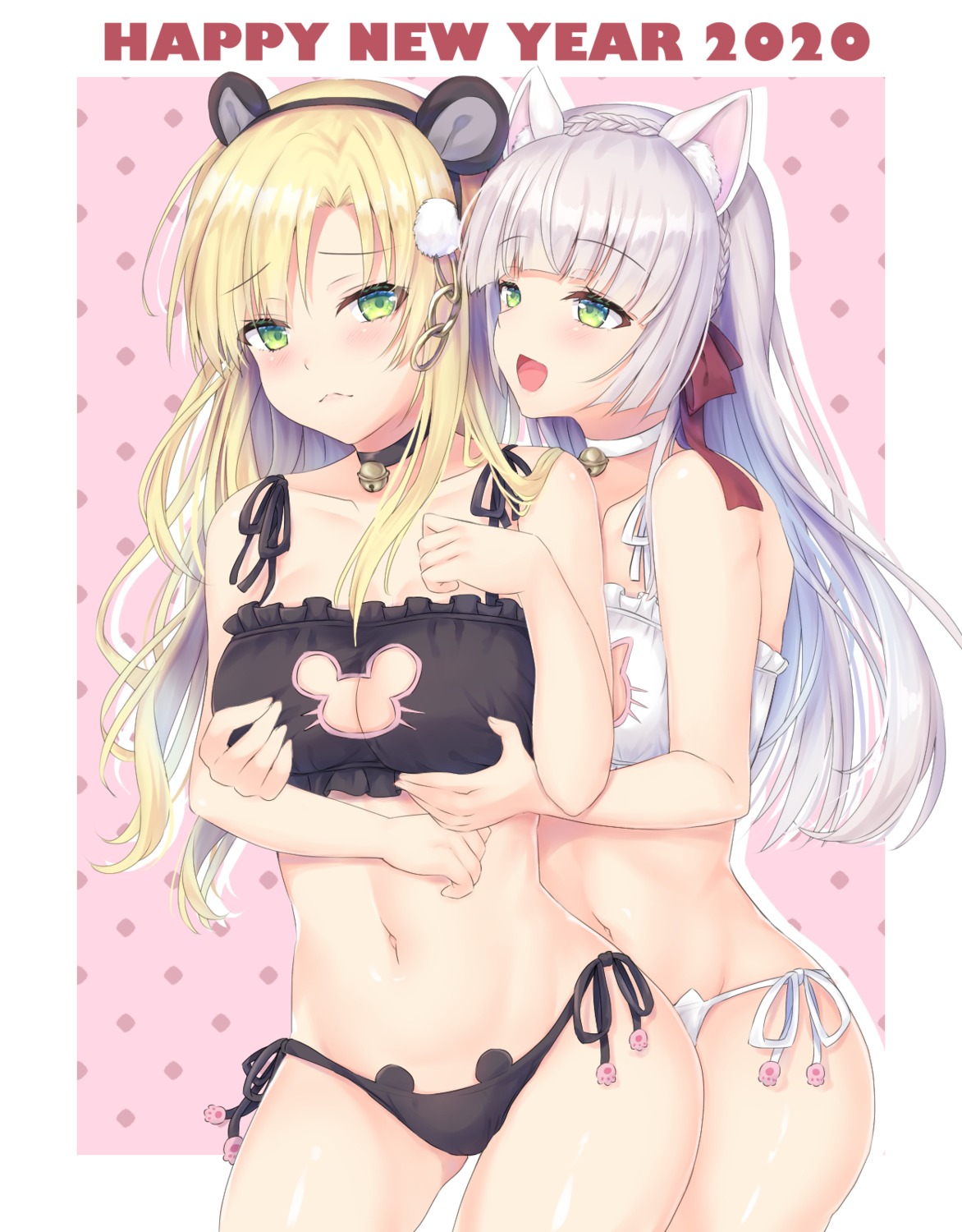 animal_ears bra breast_grab breast_hold cleavage nekomimi pantsu ruka_(rukacyuu) string_panties yuri