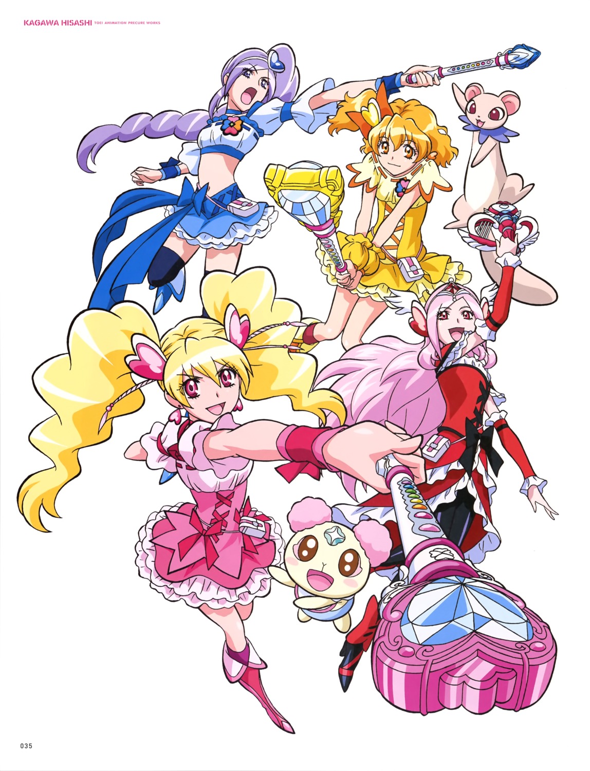 aono_miki chiffon_(precure) dress fresh_precure! heels higashi_setsuna momozono_love pantyhose precure tarte_(fresh) thighhighs weapon yamabuki_inori