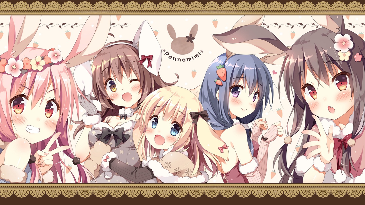 animal_ears bunny_ears cleavage cocoa_(pan_no_mimi) no_bra pan pan_no_mimi ten_(pan_no_mimi) tsukimi_(pan_no_mimi) wallpaper yukimi_(pan_no_mimi)