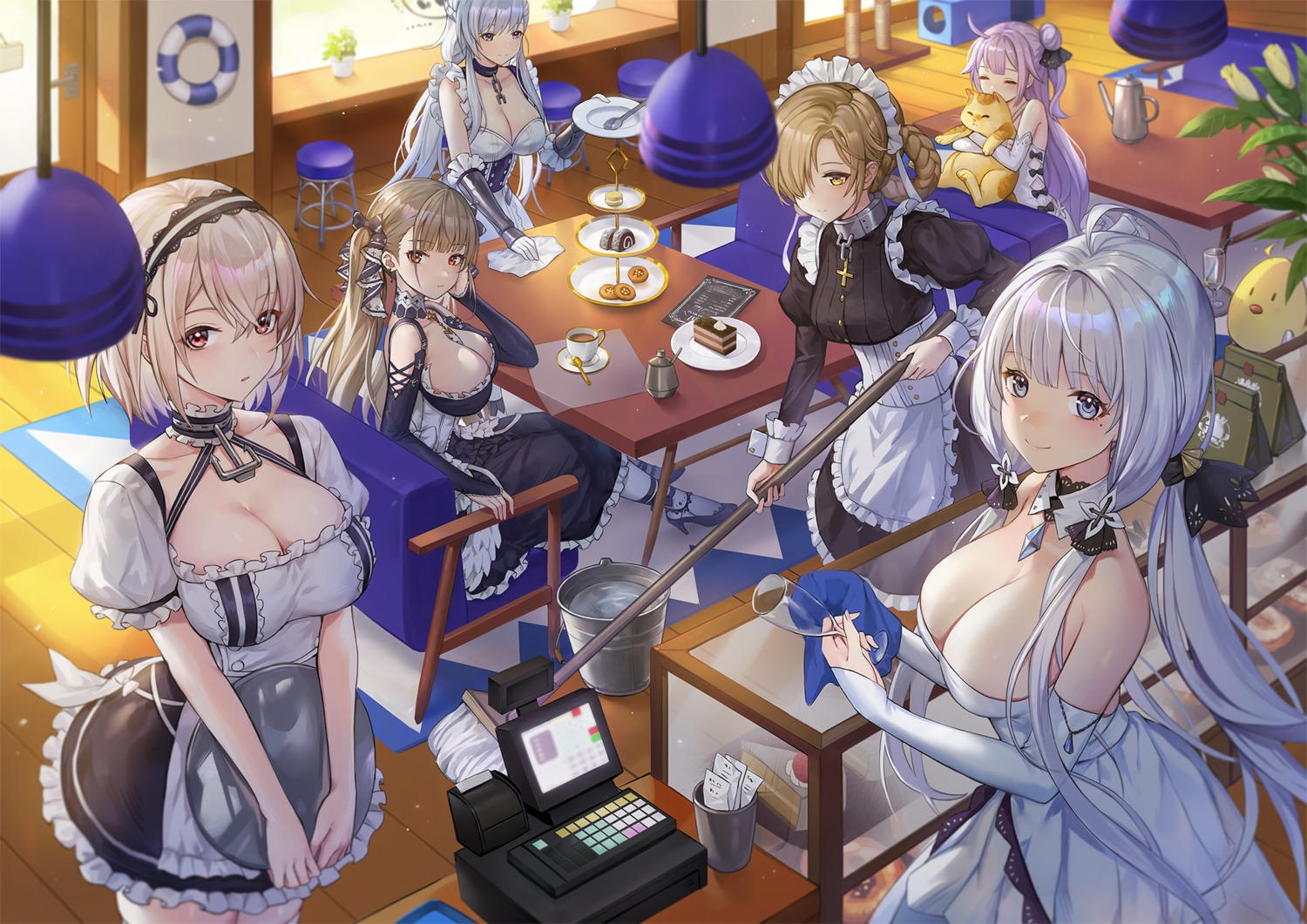 azur_lane belfast_(azur_lane) cleavage dress formidable_(azur_lane) gothic_lolita heels illustrious_(azur_lane) lolita_fashion maid manjuu_(azur_lane) neko no_bra sheffield_(azur_lane) sirius_(azur_lane) unicorn_(azur_lane) ziko