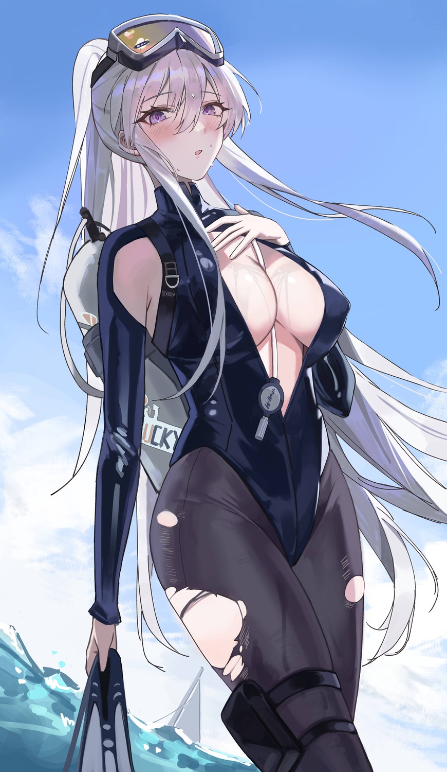 azur_lane enterprise_(azur_lane) garter leotard liaowen no_bra open_shirt pantyhose torn_clothes wet