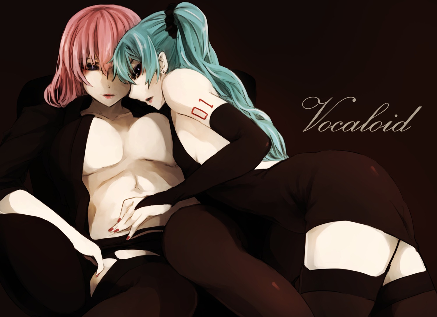 cleavage dress genyaky hatsune_miku megurine_luka no_bra thighhighs vocaloid yuri