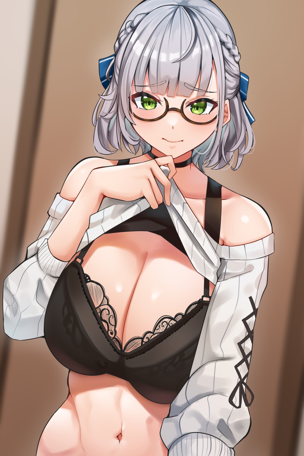 bra cromwellb hololive megane shirogane_noel shirt_lift sweater undressing