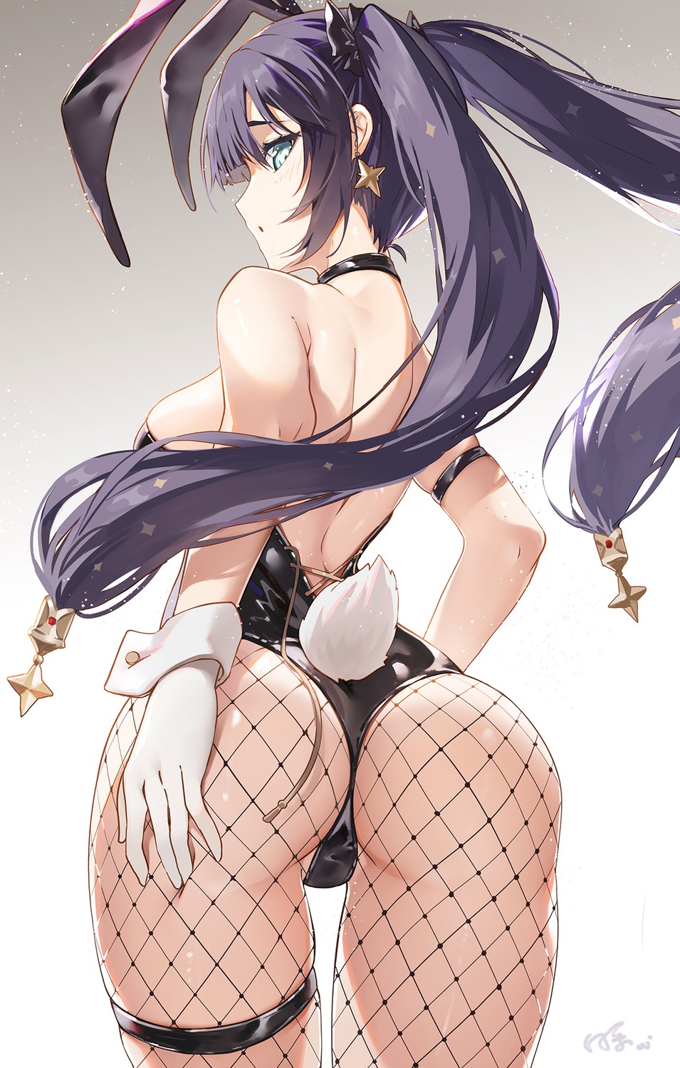 animal_ears ass baisi_shaonian bunny_ears bunny_girl fishnets garter genshin_impact mona_megistus pantyhose tail