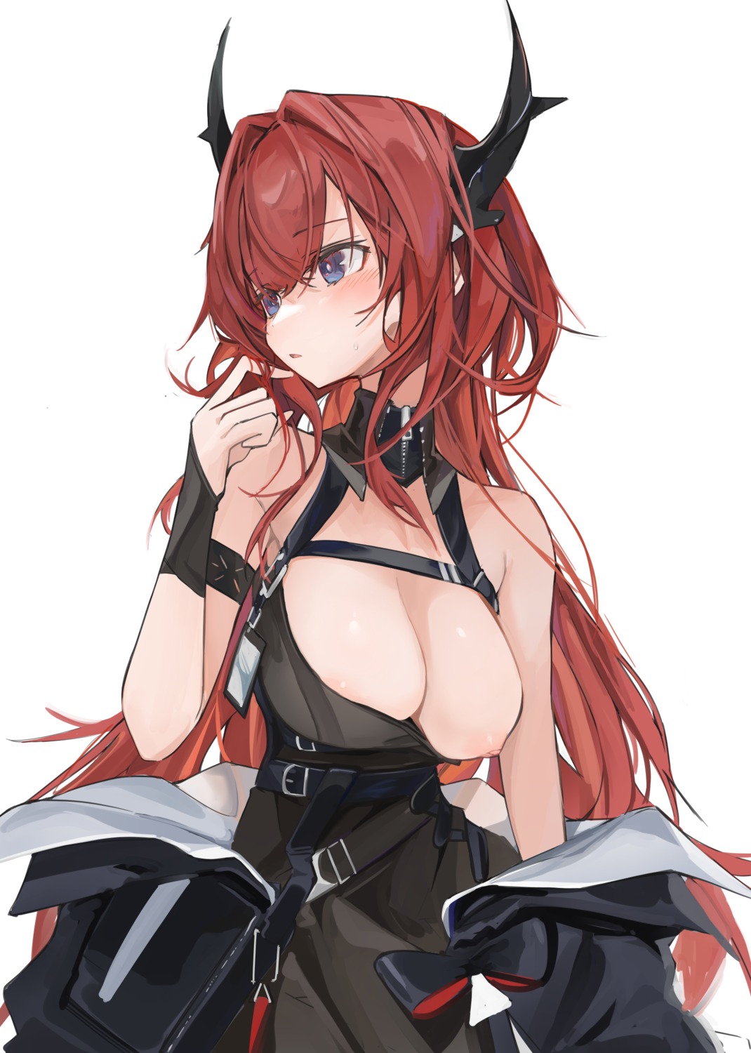 arknights breasts dress horns mikojin nipples no_bra surtr_(arknights)