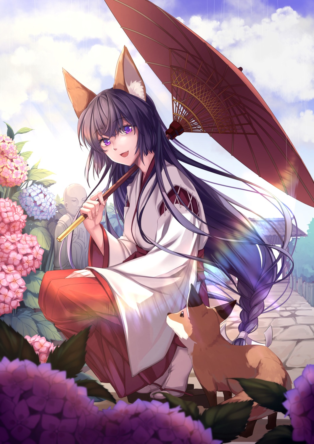 animal_ears japanese_clothes jh_(artist) umbrella