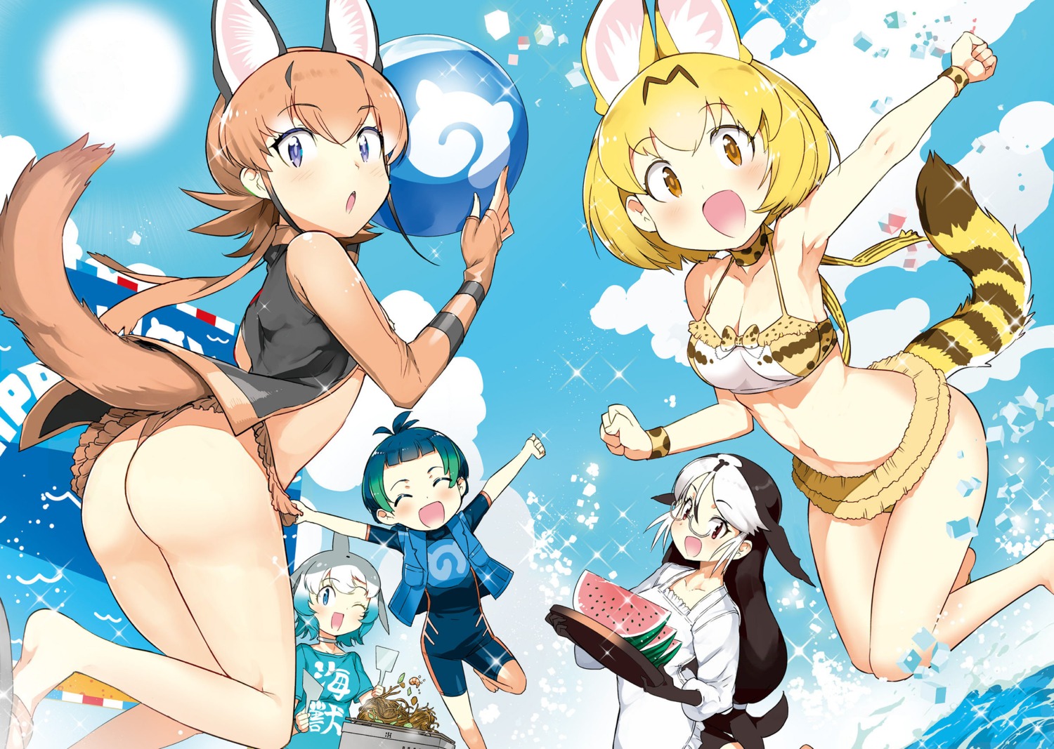 animal_ears ass bikini california_sea_lion caracal common_bottlenose_dolphin kemono_friends kyururu_(kemono_friends) megane naitou_ryu serval swimsuits tail thong wet