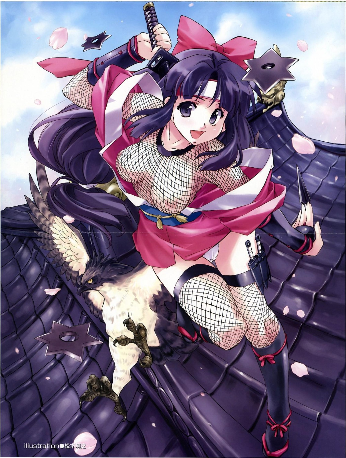 breasts fishnets fixme matsumoto_noriyuki ninja nipples open_shirt pantsu thighhighs weapon