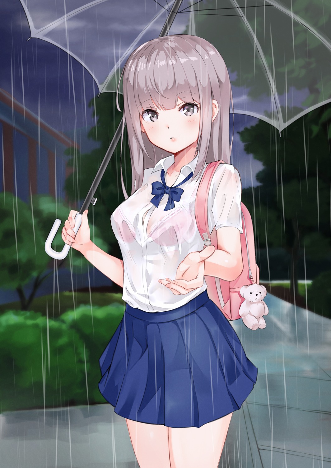 bra see_through seifuku syan_(4767269) umbrella wet_clothes