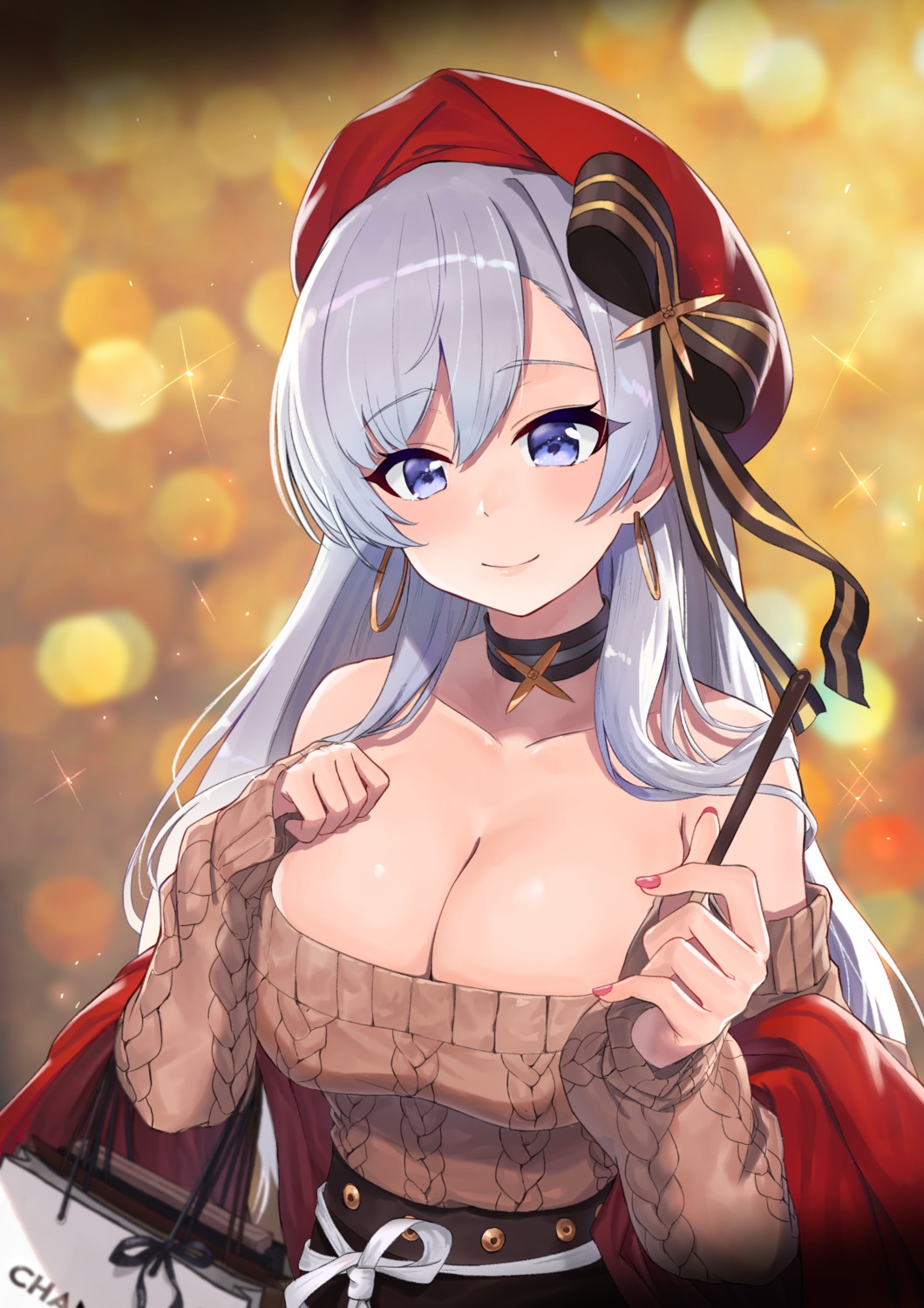 ayul_(ayulneri_92) azur_lane belfast_(azur_lane) breast_hold no_bra sweater