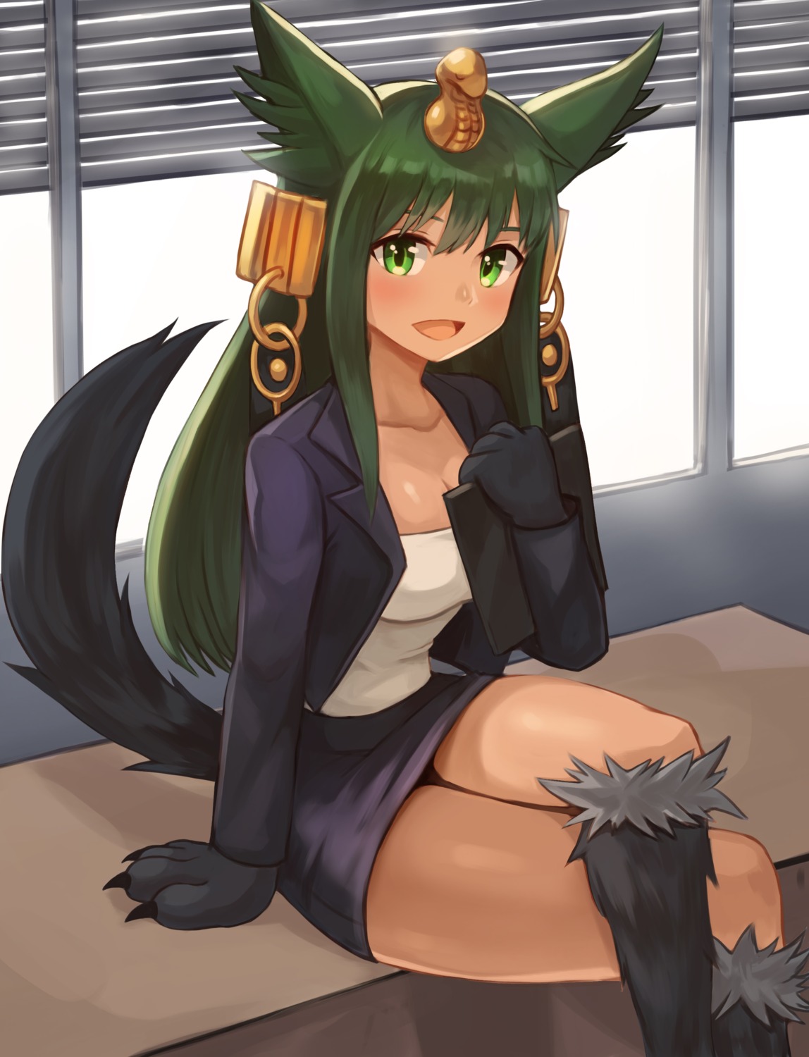 animal_ears anubis_(monster_girl_encyclopedia) business_suit cleavage monster_girl monster_girl_encyclopedia sookmo tail