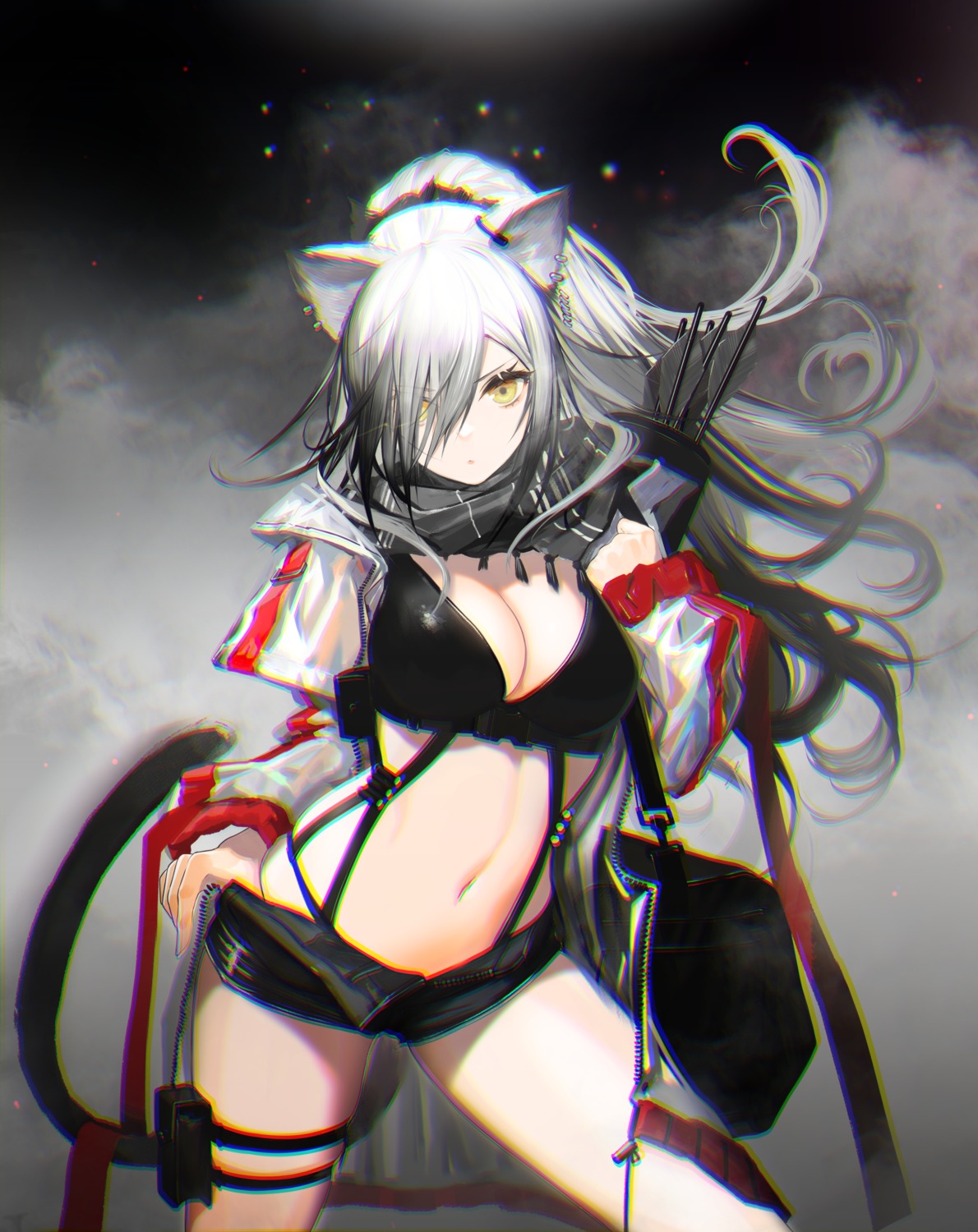 animal_ears arknights bra garter nanam_(nanam_sk) open_shirt schwarz_(arknights) see_through tail weapon