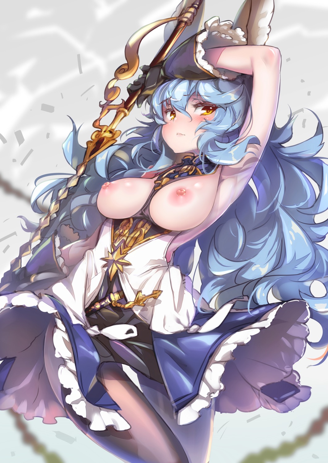 animal_ears breasts dress ferry_(granblue_fantasy) granblue_fantasy hong_(white_spider) nipples no_bra pantyhose skirt_lift sword