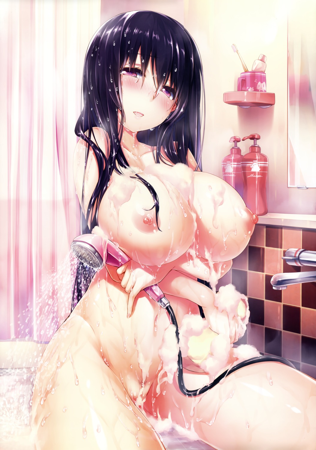 bathing breast_hold harmorise hinasaki hitotsu_yane_no_tsubasa_no_moto_de jinno_nahoko naked nipples pubic_hair pussy underboob wet