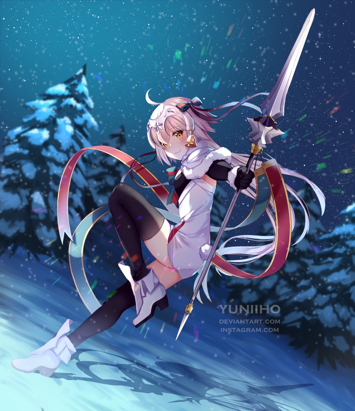 christmas fate/grand_order heels jeanne_d'arc jeanne_d'arc_(alter)_(fate) skirt_lift thighhighs weapon yuniiho