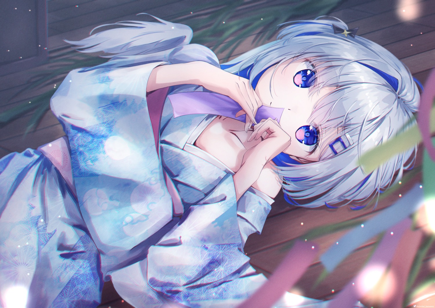 amane_kanata daidai_(daidai826) hololive no_bra open_shirt wings yukata