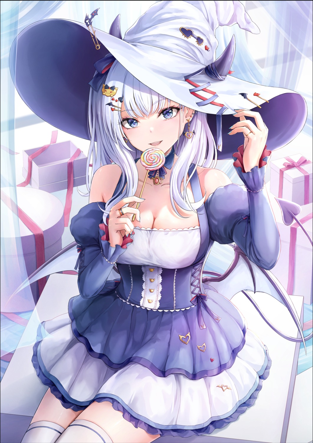 cleavage devil dress horns no_bra tail thighhighs tokeshi wings witch