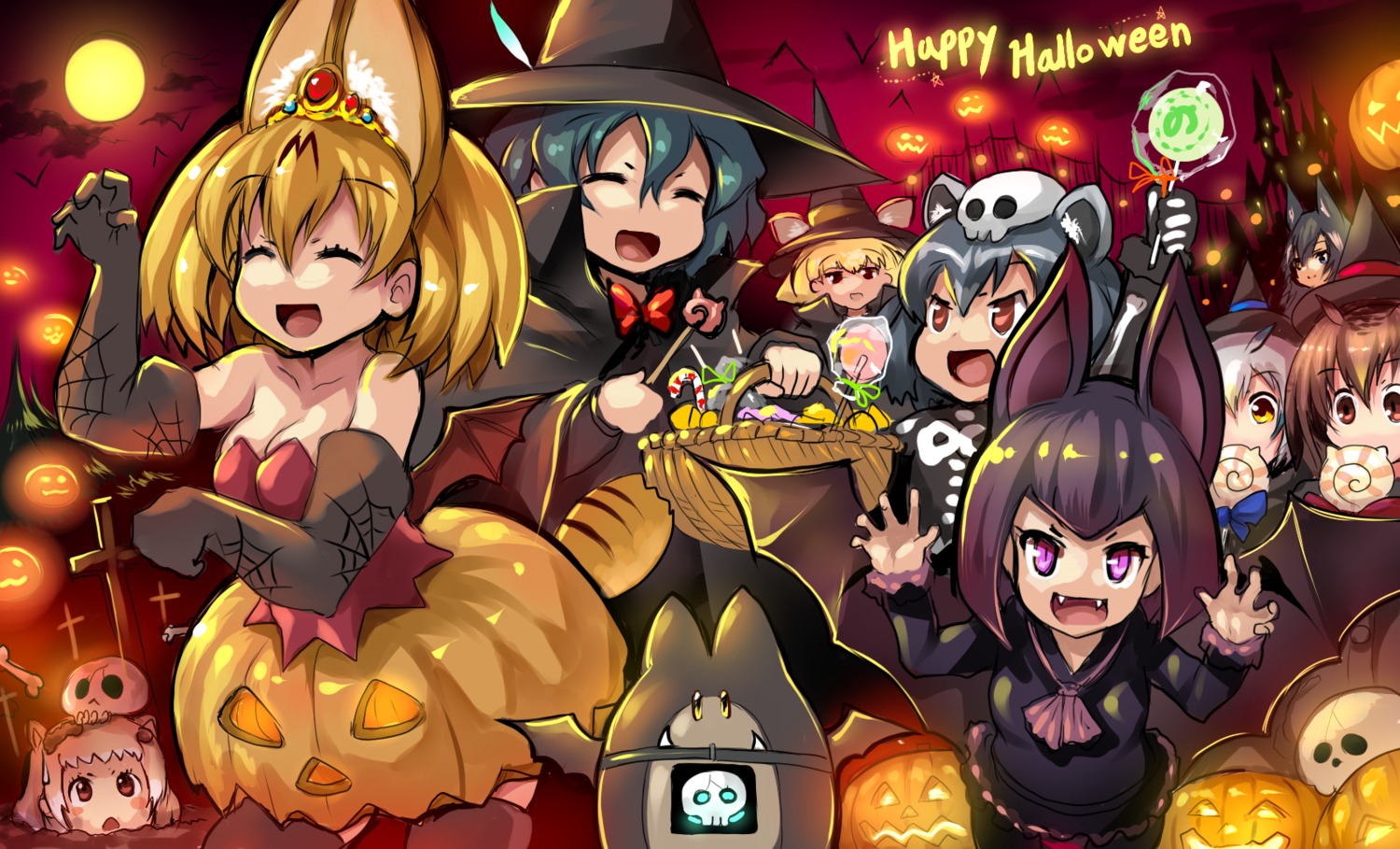 animal_ears cleavage common_raccoon common_vampire_bat eurasian_eagle_owl fennec_(kemono_friends) halloween kaban_(kemono_friends) kemono_friends lucky_beast northern_white-faced_owl serval tail thighhighs tsukazawa wings witch
