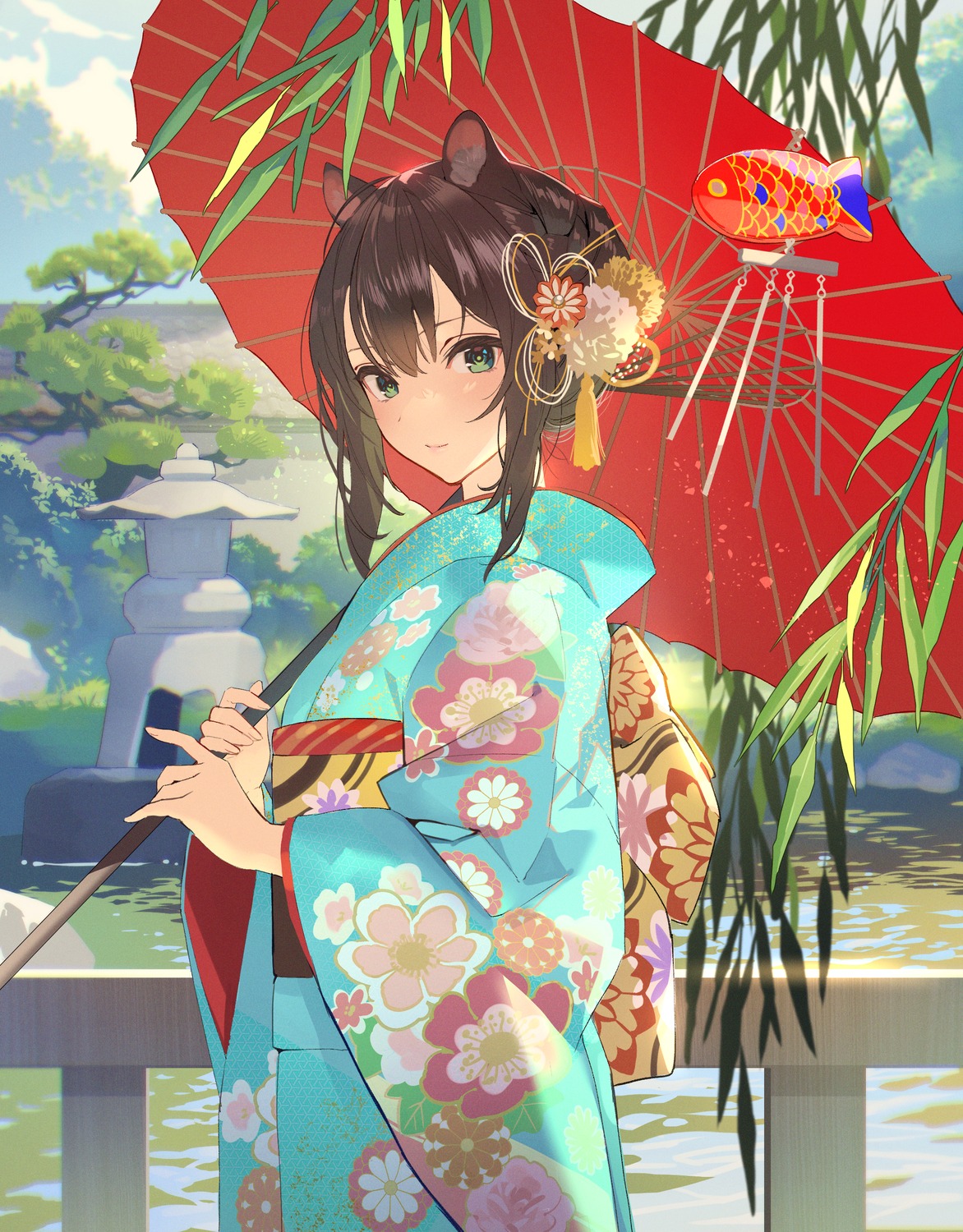 animal_ears kimono teffish umbrella