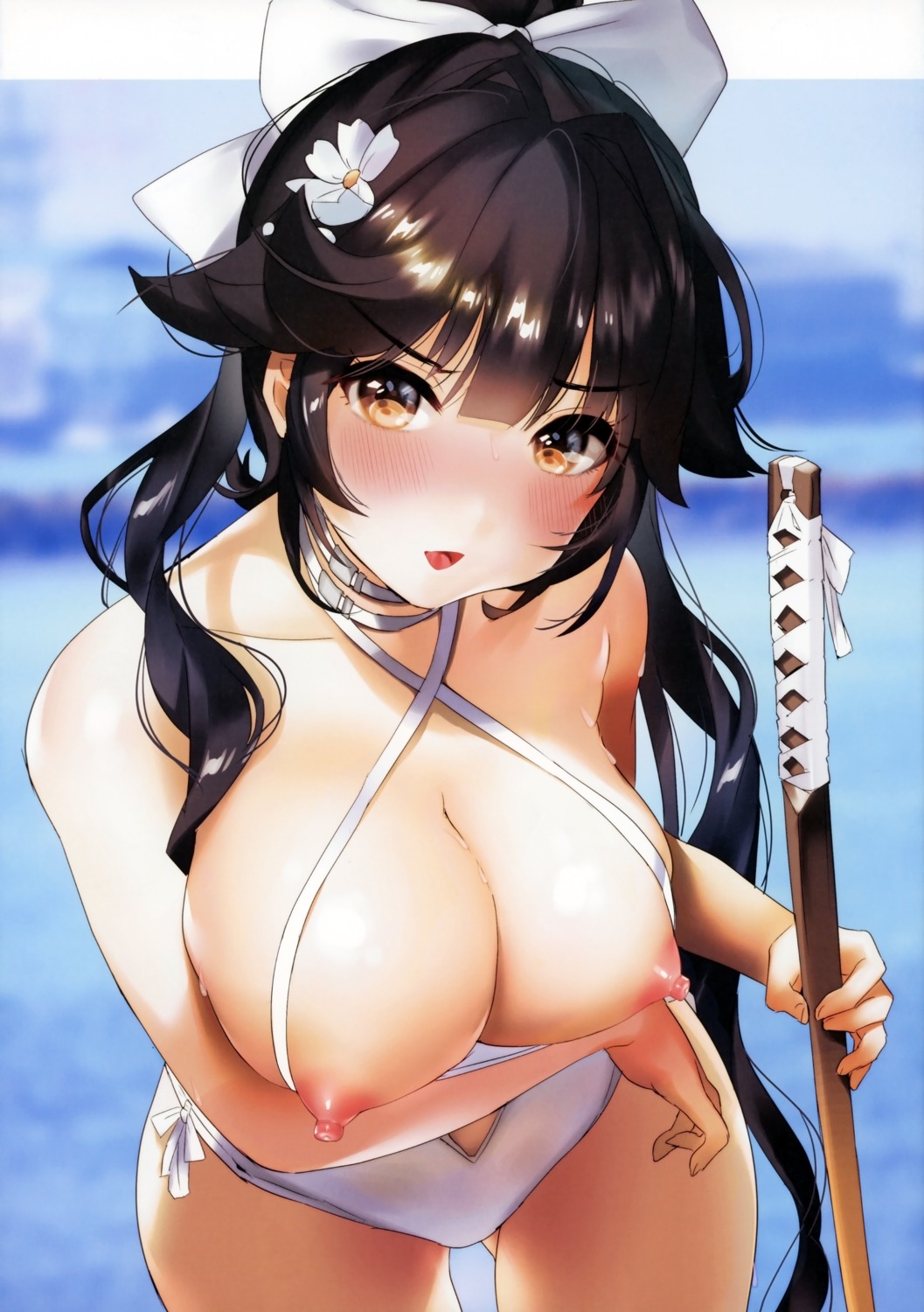azur_lane breast_hold breasts nipples swimsuits sword takao_(azur_lane) yanyo_(ogino_atsuki)