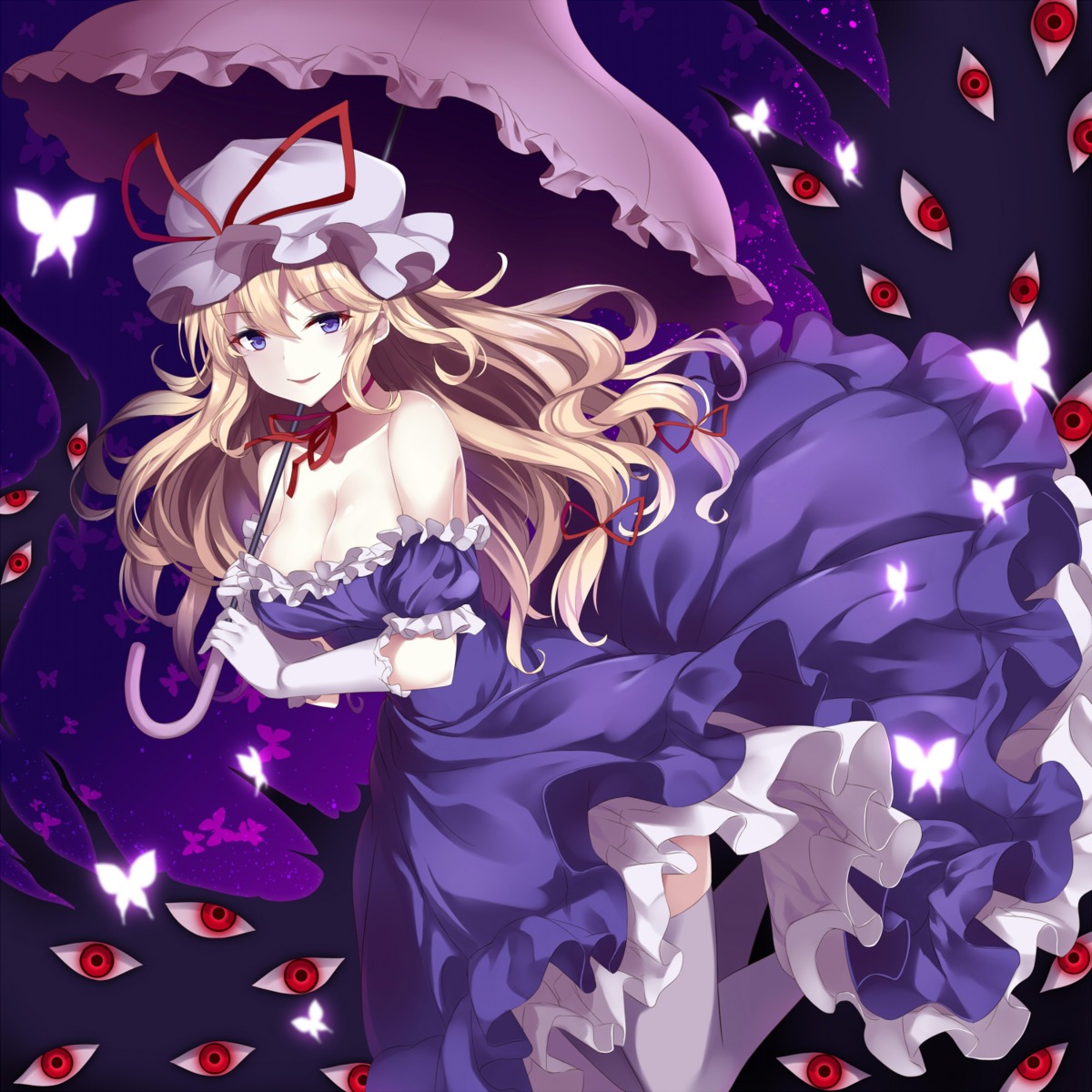 cleavage dress takehana_note thighhighs touhou umbrella yakumo_yukari